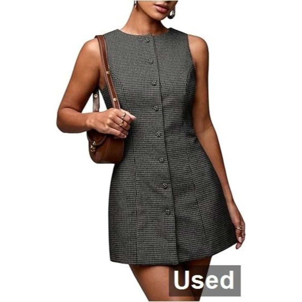 SOLY HUX Plaid Button Down, Crew Neck Sleeveless Tie Back Dress, XL, Grey
